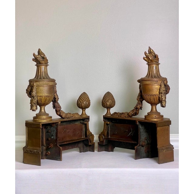 Metal Pair of French Gilt Bronze Chenets, Patinated, Louis XVI Style, 19th Century For Sale - Image 7 of 16