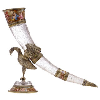 19th Century Austrian Silver Gilt, Enamel & Rock Crystal Drinking Horn, 1880s For Sale