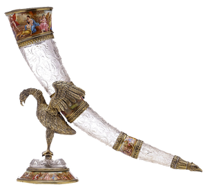 19th Century Austrian Silver Gilt, Enamel & Rock Crystal Drinking Horn, 1880s