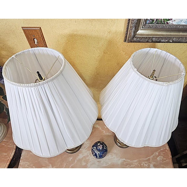 Mid 20th Century Pair of Vintage White Crackle-Glaze Table Lamps With Pleated Shades – 35” For Sale In Washington DC - Image 6 of 18