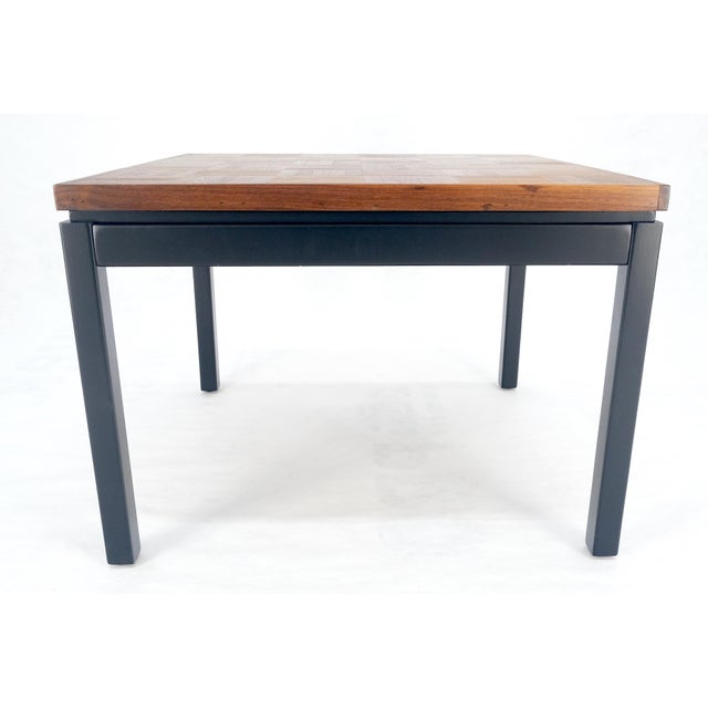 Wood Parquetry Teak Top 28x28" Square Top Black Lacquer Top Side End Table MINT For Sale - Image 7 of 13