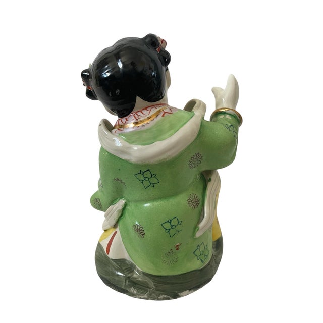 Vintage Famille Rose 8” Laughing Lucky Girl Statue Figurine Offerings of Food For Sale - Image 4 of 7