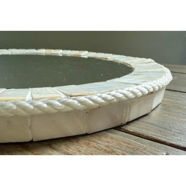 2020s White Oyster Shell Inlay Round Mirror, as in Bone Mirror; For Wall or TableTop, Handmade For Sale - Image 5 of 12