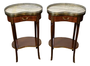 1930 Pair French Mahogany Inlay Marble Top Kidney Shape Nightstands Bedside Tables