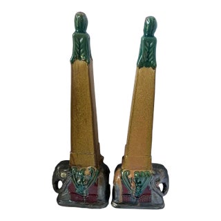 Pair 1930s Art Deco Egyptian Revival Elephant Obelisk Sculptures / Architectural Ceramic Bookends – 20” For Sale