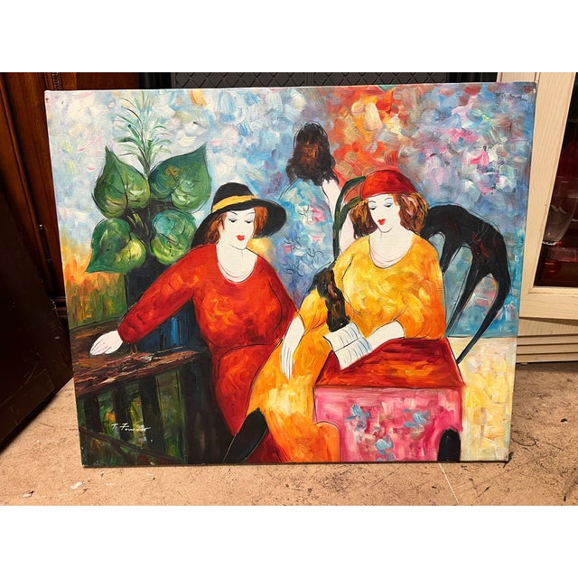 Vintage Postmodern Figurative Oil Painting of Two Women – Tarkay Style For Sale In West Palm - Image 6 of 6