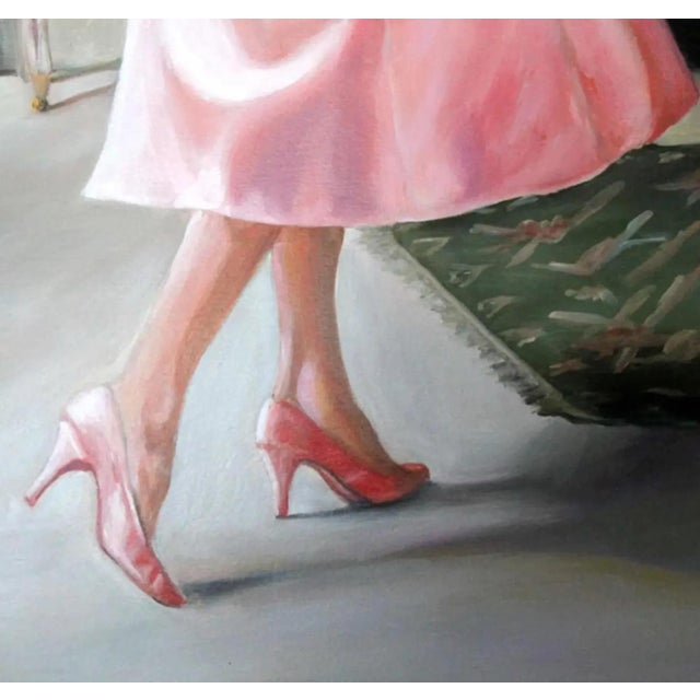 Portraiture Original Oil Painting Signed: Fashionable French Woman in Vintage Pink Ensemble For Sale - Image 3 of 6