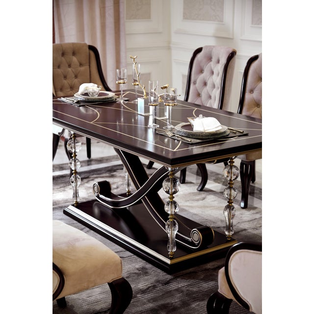 Luxury Walnut Burl & Gold Trestle Dining Table With Sculptural Pedestal Base For Sale - Image 4 of 4