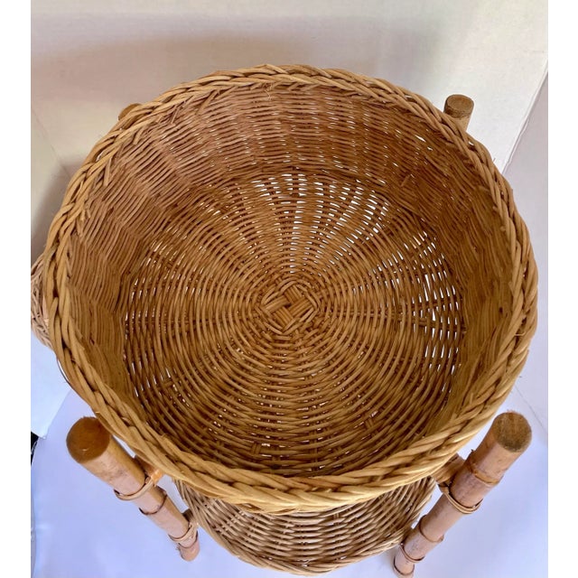 Woven Natural Wicker and Bamboo Lidded Knitting Basket Rack For Sale - Image 9 of 12
