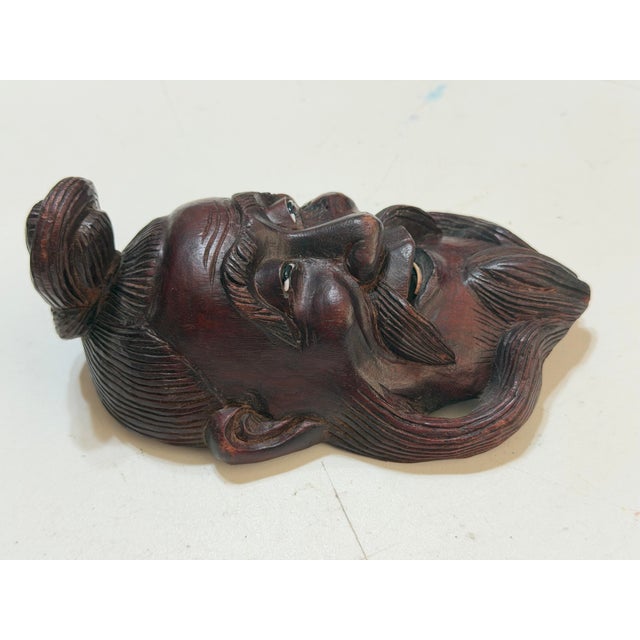 Vintage Chinese Hand-Carved Hardwood Smiling Sage Elder Wall Mask For Sale In Portland, OR - Image 6 of 9