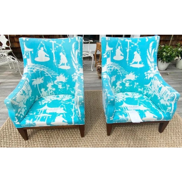 A Pair of Custom Curved Chinoiserie Style Wingback Chairs For Sale - Image 9 of 11