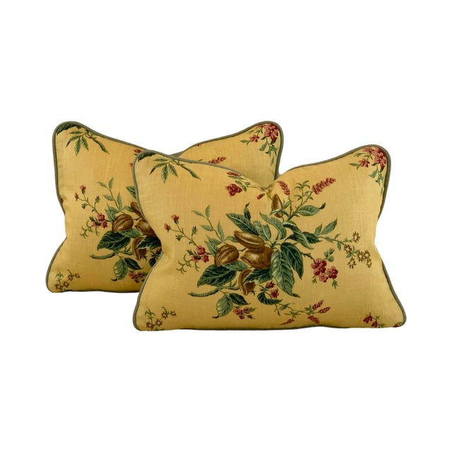 Textile Designer Schumacher French General "Woodland Foliage" Green Gold Raspberry-Red Botanical Floral Pillow Covers- Pair For Sale - Image 7 of 7
