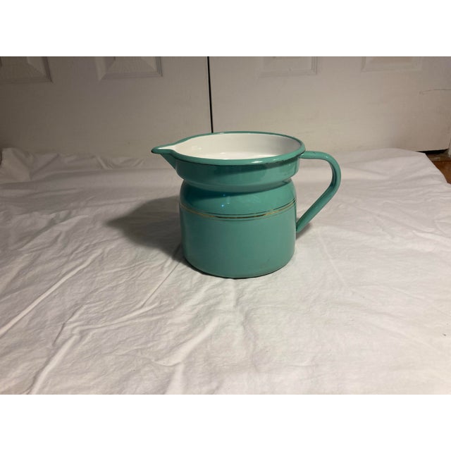 1940s Vintage Large Enamelware Pitcher Aqua With White Interior Double Gold Stripes For Sale - Image 5 of 7