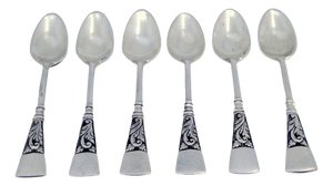 Silver Teaspoons with Reliefs and Handles, Set of 6