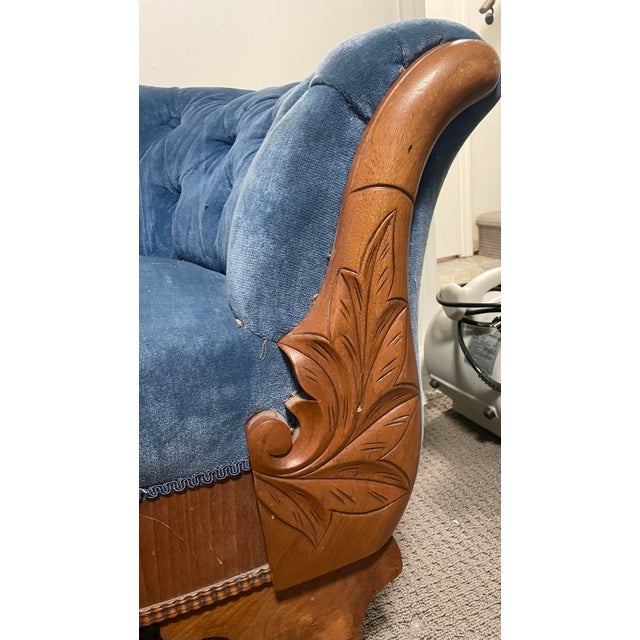 Antique Victorian Eastlake Tufted Blue Velvet Walnut Parlor Settee Sofa For Sale - Image 4 of 9