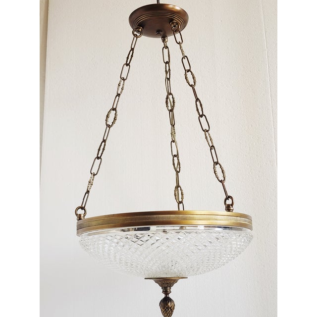 1990s Vintage Empire Style Crystal & Antique Brass Pendant Fixture For Sale - Image 5 of 12