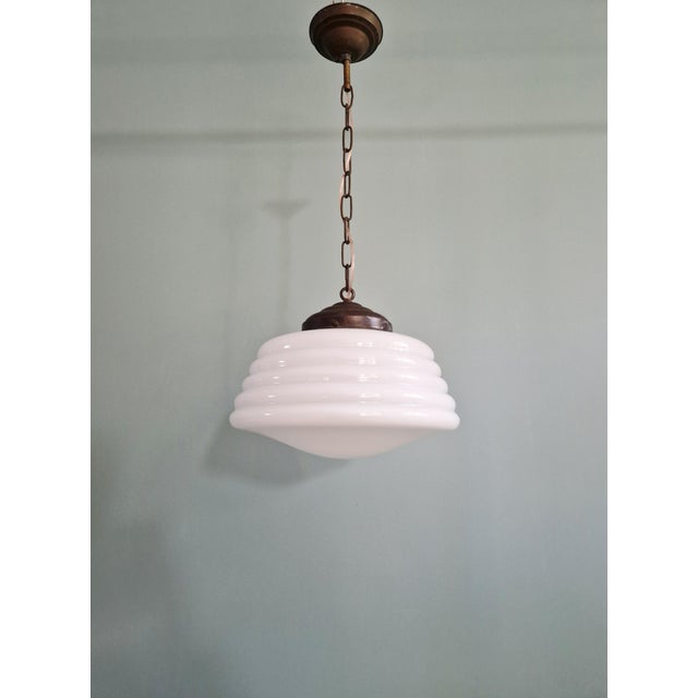 Bauhaus Art Deco Pendant Light in White Opaline Glass, 1920s For Sale - Image 3 of 12