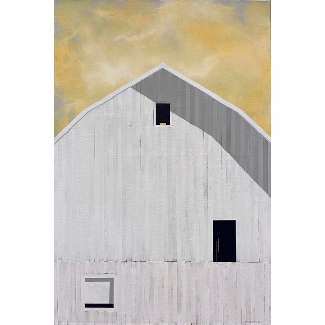 Summer Sunset by Justin Wheatley | Acrylic on Panel White Barn With Yellow Sky For Sale
