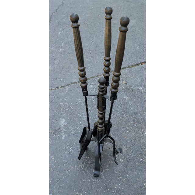 Rustic 1950's Vintage Cast Iron Fireplace Tools Stand Set 4 Piece Seymour Style For Sale - Image 3 of 6
