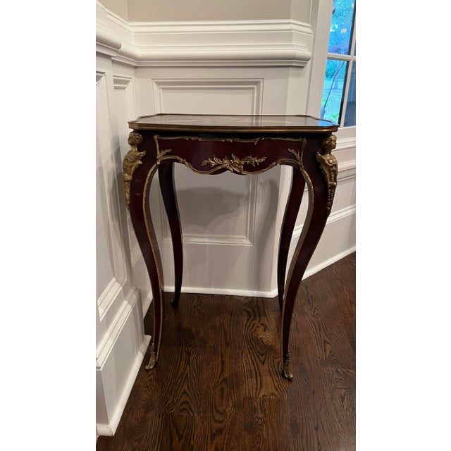 French 1990s Vintage French Style Painted Figures Brass Ormolu Accents Tall Table For Sale - Image 3 of 12