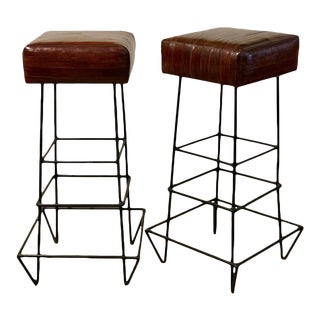 Mid-Century Modern Eel Skin Frederick Weinberg Iron Bar Stools- a Pair For Sale