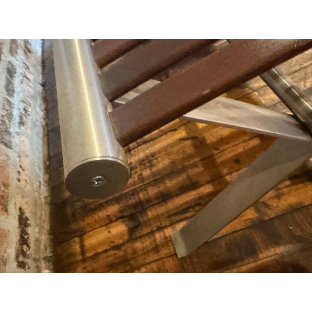 Brown One‑of‑a‑Kind Mahogany Slatted Bench – Custom Brushed Steel Frame Modern Industrial Design For Sale - Image 8 of 12