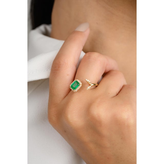 Art Deco Style Emerald Diamond Open Wedding Ring 7 For Sale - Image 4 of 12