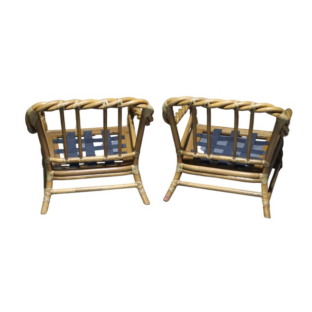 Wood Vintage Pair of Organic Modern McGuire Twisted Bamboo Reclining Arm Chairs With Ottomans For Sale - Image 7 of 13