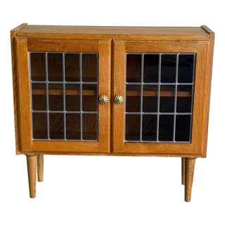 Oak Display Cabinet With Leaded Glass Doors Interior Shelf Mid-Century Modern Denmark 1960s For Sale