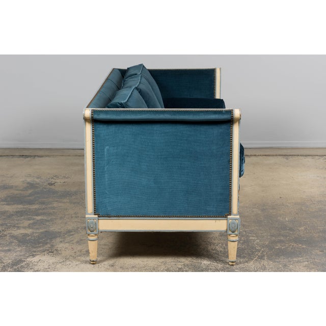 Antique French Directoire Style Painted Sofa in Blue Velvet For Sale - Image 10 of 18