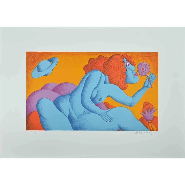 Woman With A Flower is a colored lithograph on Fabriano paper realized by the artist Michael Ciomakov in the 1970s . Hand-...