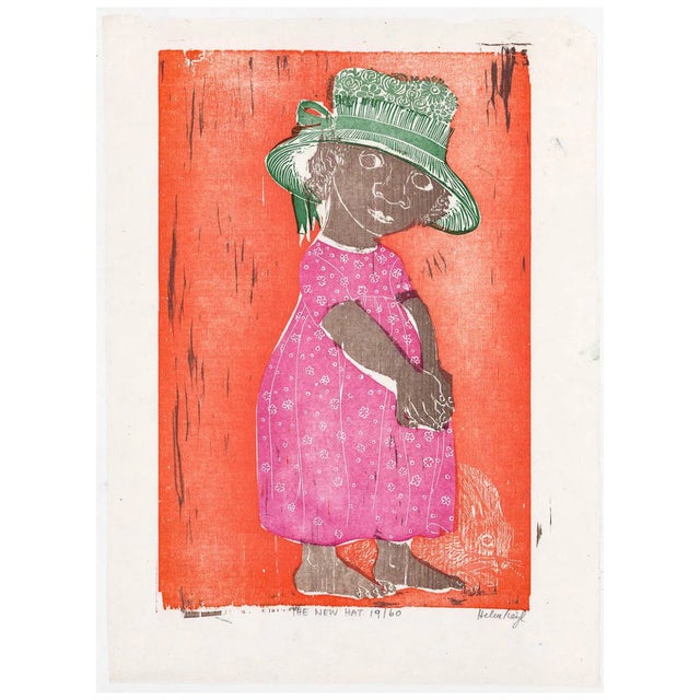 1960s Woodblock print by Philadelphia artist Helen Siegl (1924-2009) "The New Hat" pencil signed, titled and numbered 19...