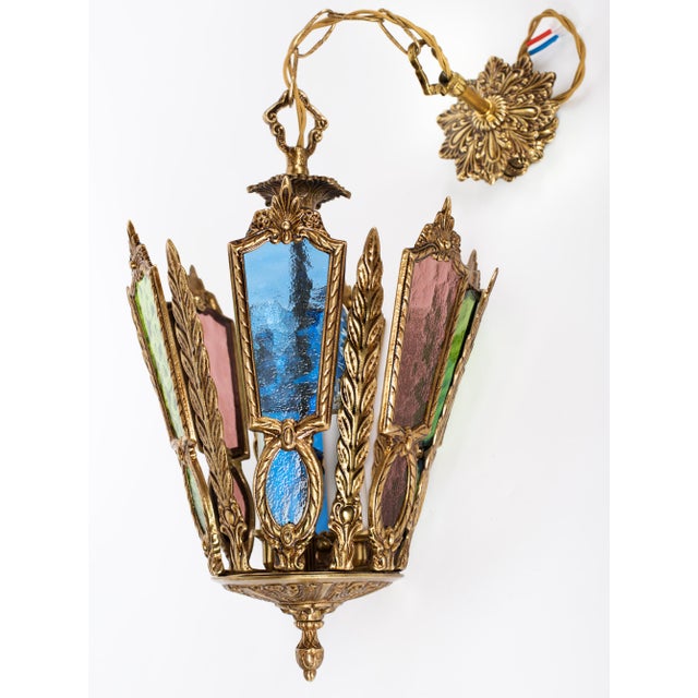 1960s 1960s Spanish Gothic Brass 3-Light Lantern With Multi-Color Stained Cathedral Glass For Sale - Image 5 of 12