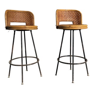 1960s Vintage Pair of Wicker Swivel Counter Stool Styled After Danny Ho Fong For Sale
