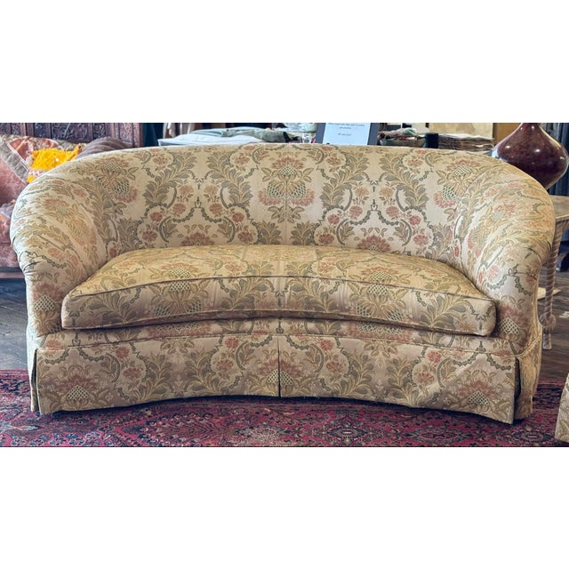 Traditional Pair Drexel Heritage Curved Back Sofas in Acorn Motif Upholstery For Sale - Image 3 of 12