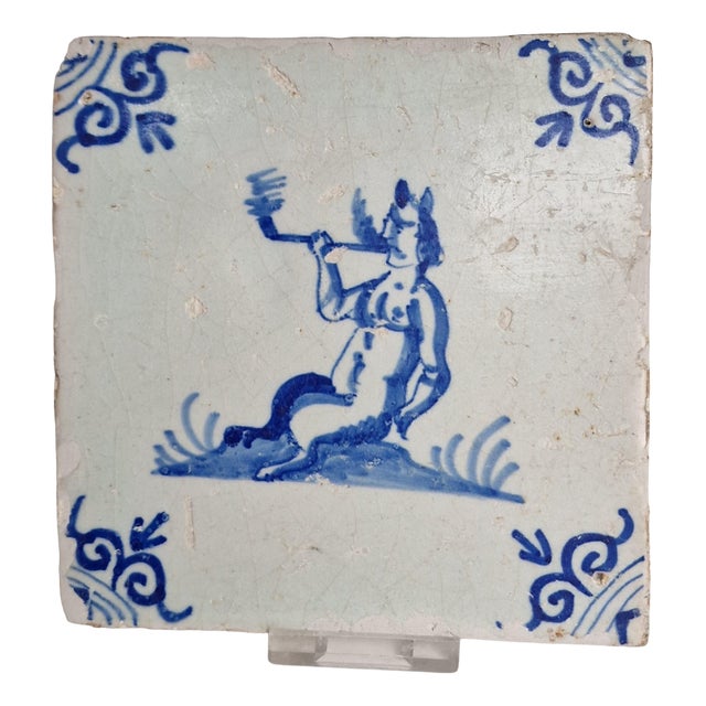 Dutch Smoking Satyr Tile from Delft, 1630s For Sale