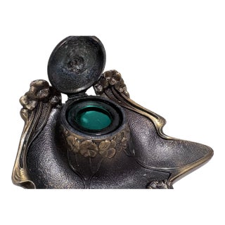 Art Nouveau Inkwell With Green Glass Cup For Sale