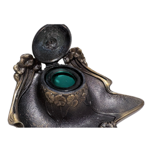 Art Nouveau Inkwell With Green Glass Cup