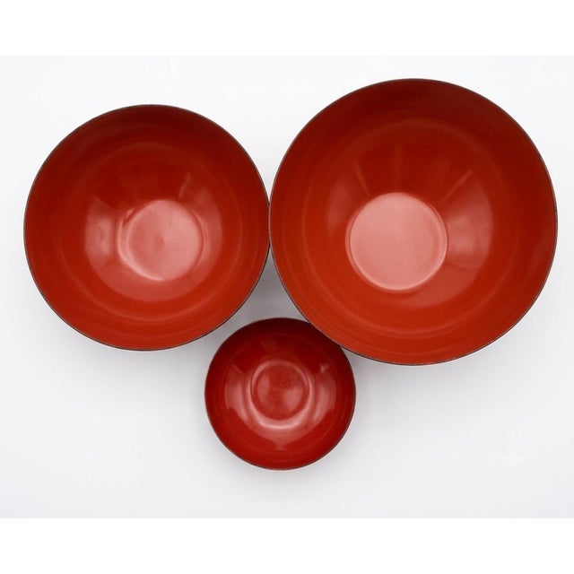 Metal Hanova of Pasadena Rare Enameled Steel "Lava" Bowl - Rust/Orange 3pc Set For Sale - Image 7 of 8