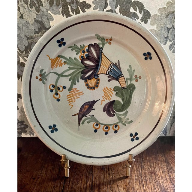 French A Pair of 19th Century French Faience Plates in Shades of Purple, Green, and Yellow For Sale - Image 3 of 5