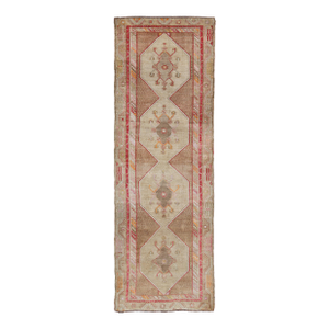 Vintage Turkish Oushak Gallery Runner in Soft Beige, Rose, and Faded Coral 4'6 X 13'1