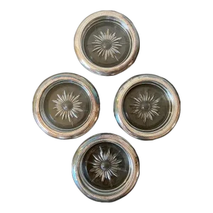 Vintage Italian Crystal Glass and Silverplate Drink Cocktail Coasters by Leonard- Set of 4