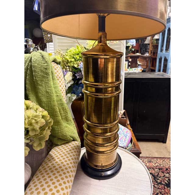 Mid-Century Modern Mid 20th Century Mid-Century Modern Brutalist Style Gold-Tone Table Lamp With Drum Shade For Sale - Image 3 of 8