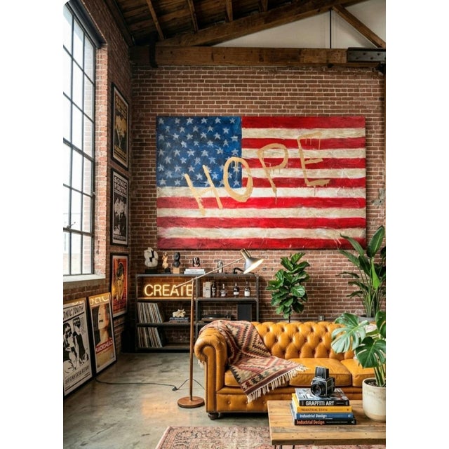 1980s Monumental Custom Made Hand Painted Draped Canvas Distressed American Flag Hope Wall Painting Art For Sale In West Palm - Image 6 of 17