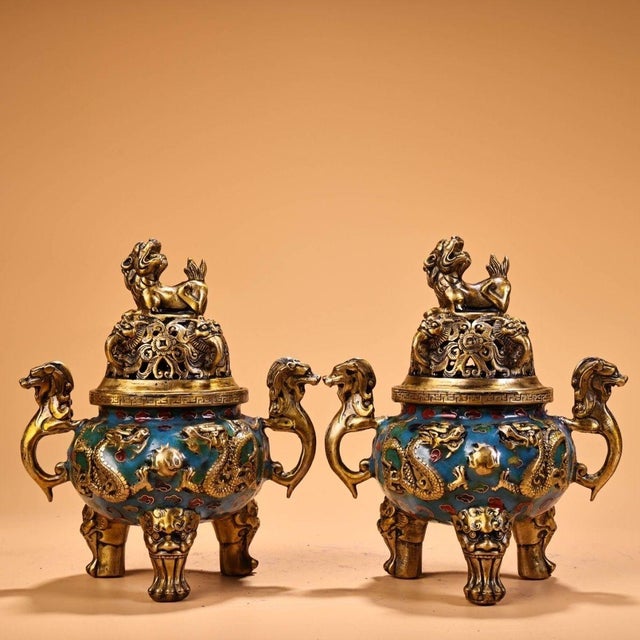 Pair of Vintage Chinese Cloisonné Enamel & Gilt Bronze Dragon Censers / Incense Burners For Sale - Image 9 of 10