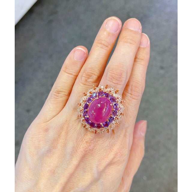 Bochic “Orient” Ruby, Amethyst & Multi Gem Cocktail Ring In 18K Gold & Silver Natural Red Ruby Cabochon - 7 Carat Natural...