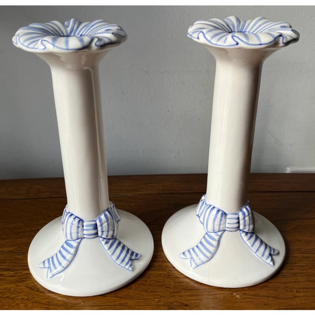 Ceramic Hand-Painted Candle Sticks-a Pair For Sale - Image 4 of 8