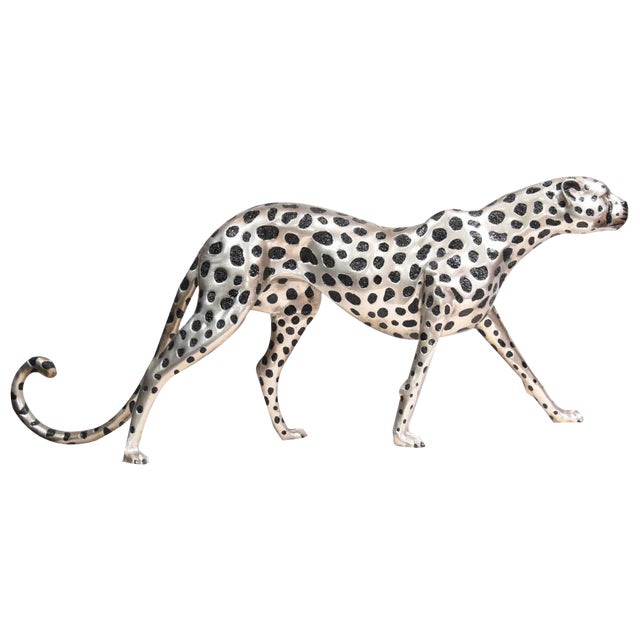 Art Deco Silver Plate and Bronze Cheetah Cat in Statue, 1980s For Sale