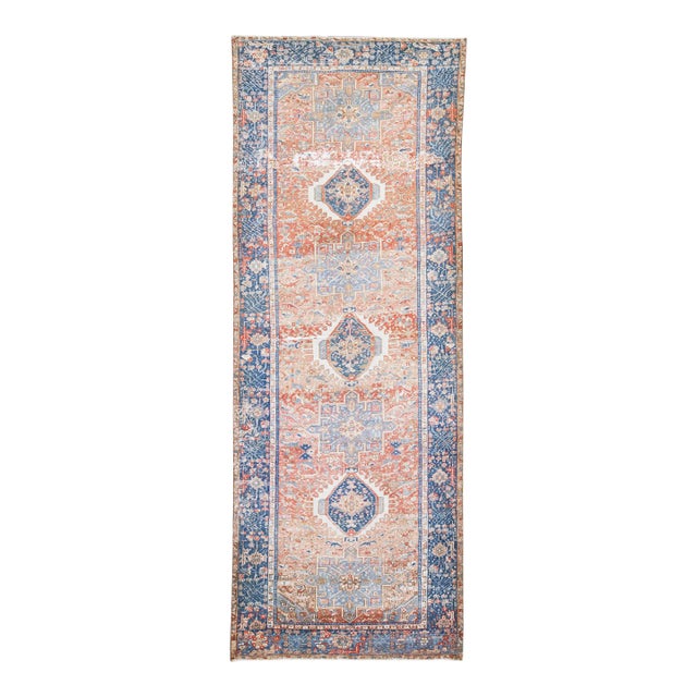 1960s Vintage Karajah Shabby Chic Handmade Medallion Rust Wool Runner For Sale