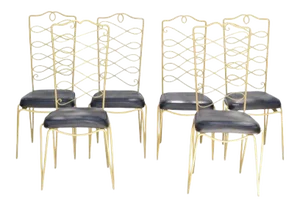 Rene Prou Art Deco Golden Wrought Iron Dining Room Chairs Black Vinyl Seats - 6